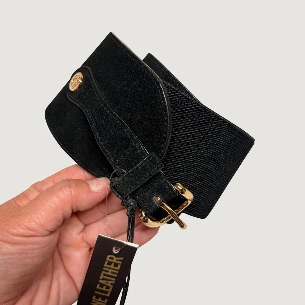 House of Harlow Leather Stretch Belt Wide Black Cinch Waist Boho Chic